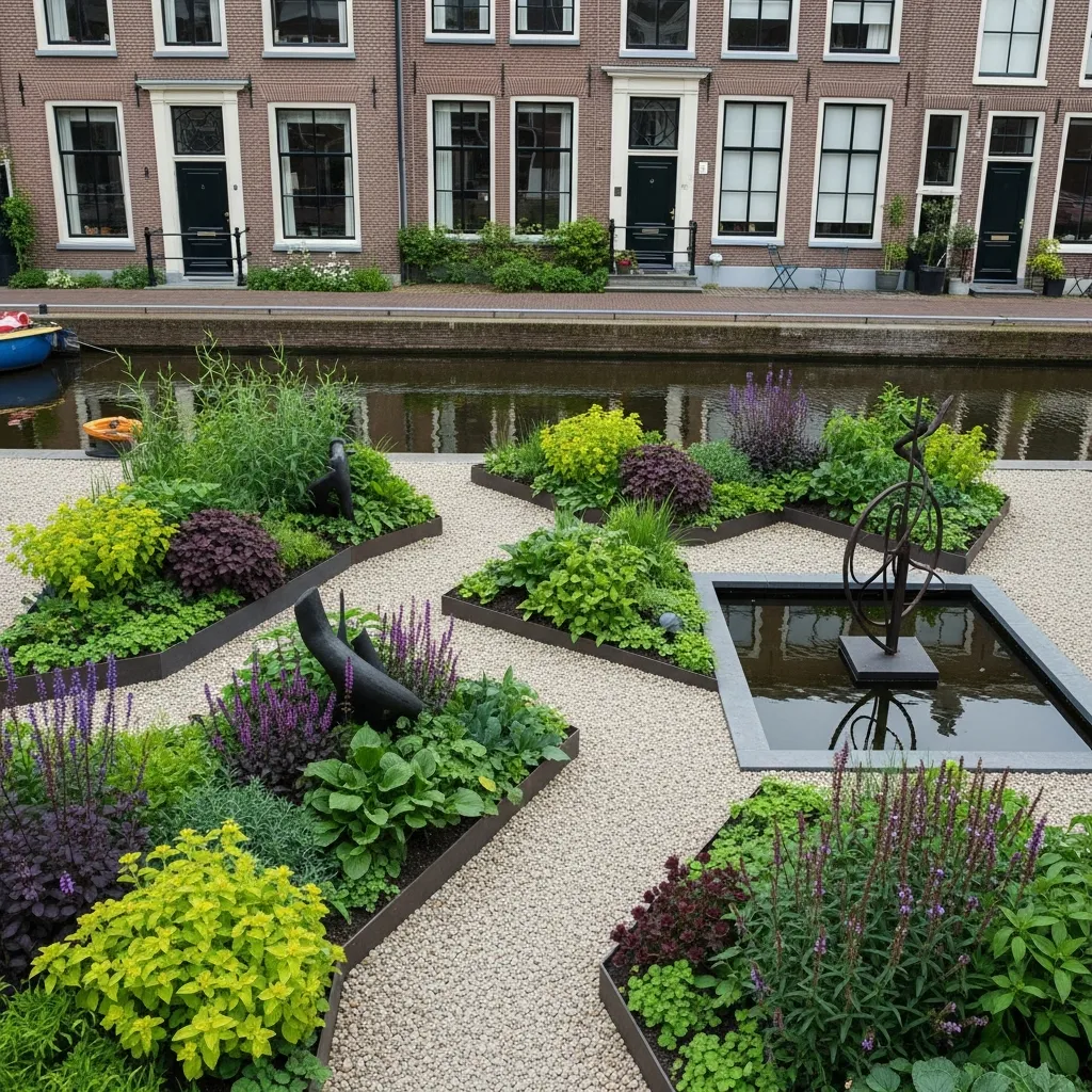 Abstract garden design along Amsterdam canal house