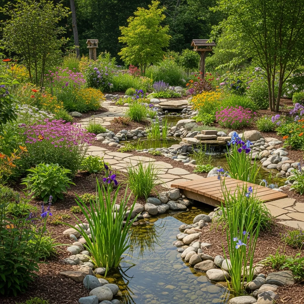 Sustainable garden with native plants and natural water features